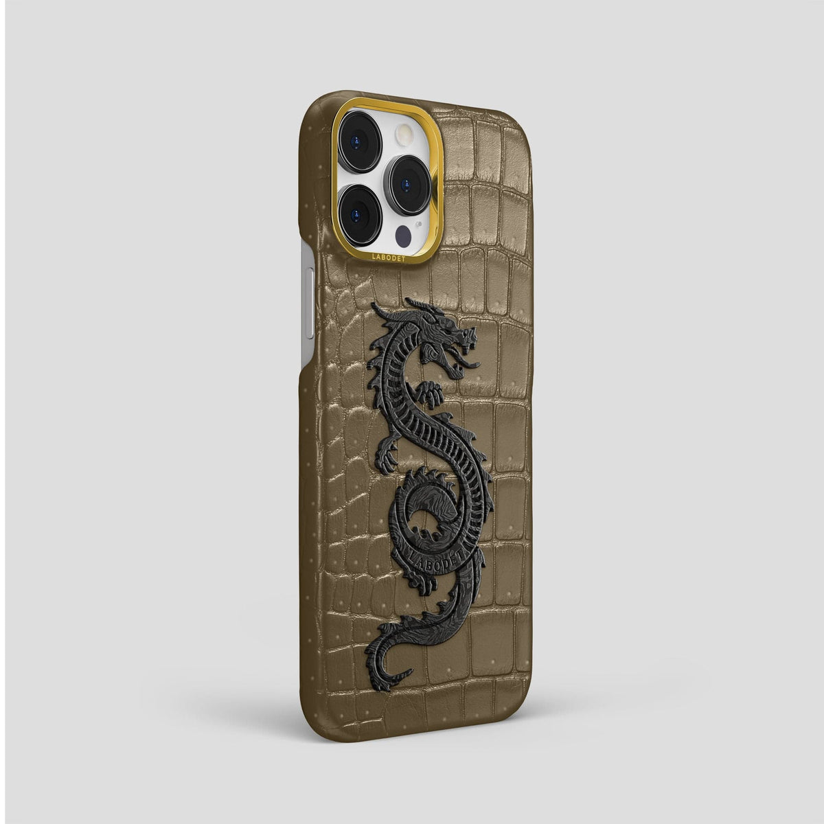 Kaki-Green iPhone 15 Pro Max Classic Case Porosus Crocodile with Gold Metal -2 | Kaki-Green-Gold