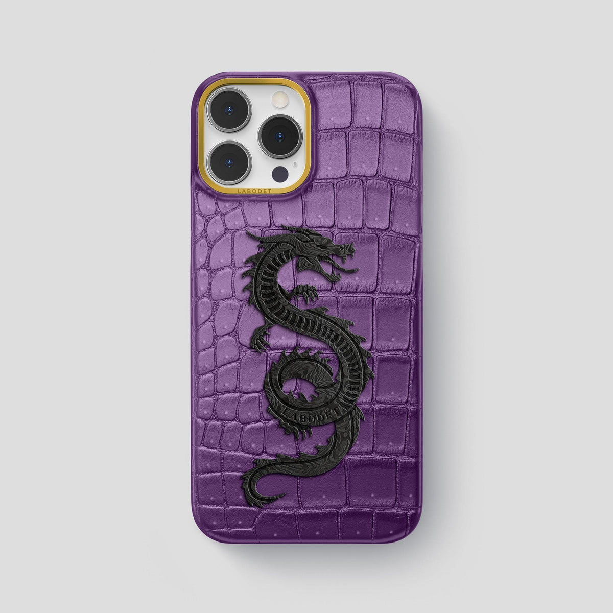 Purple iPhone 15 Pro Max Classic Case Porosus Crocodile with Gold Metal -1 | Purple-Gold