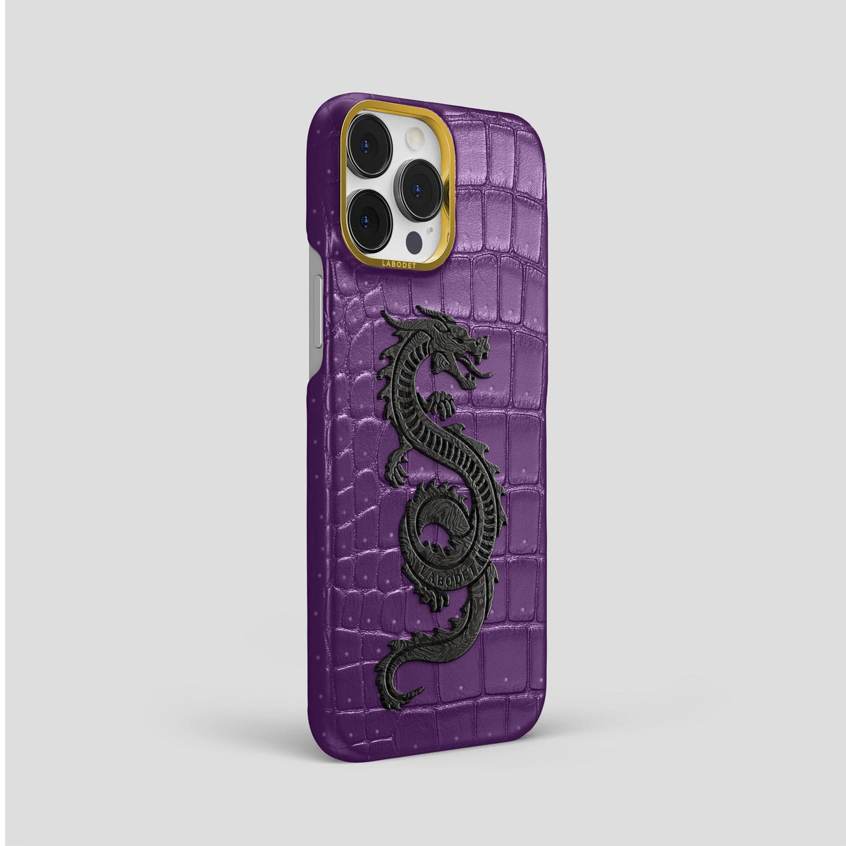 Purple iPhone 15 Pro Max Classic Case Porosus Crocodile with Gold Metal -2 | Purple-Gold
