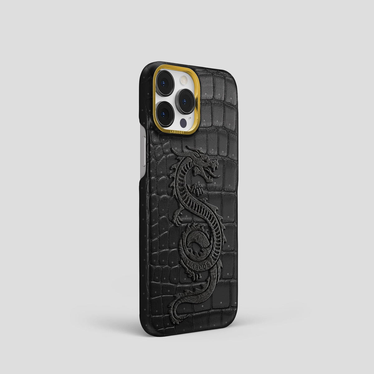Black iPhone 15 Pro Classic Case Porosus Crocodile with Gold Metal -2 | Black-Gold