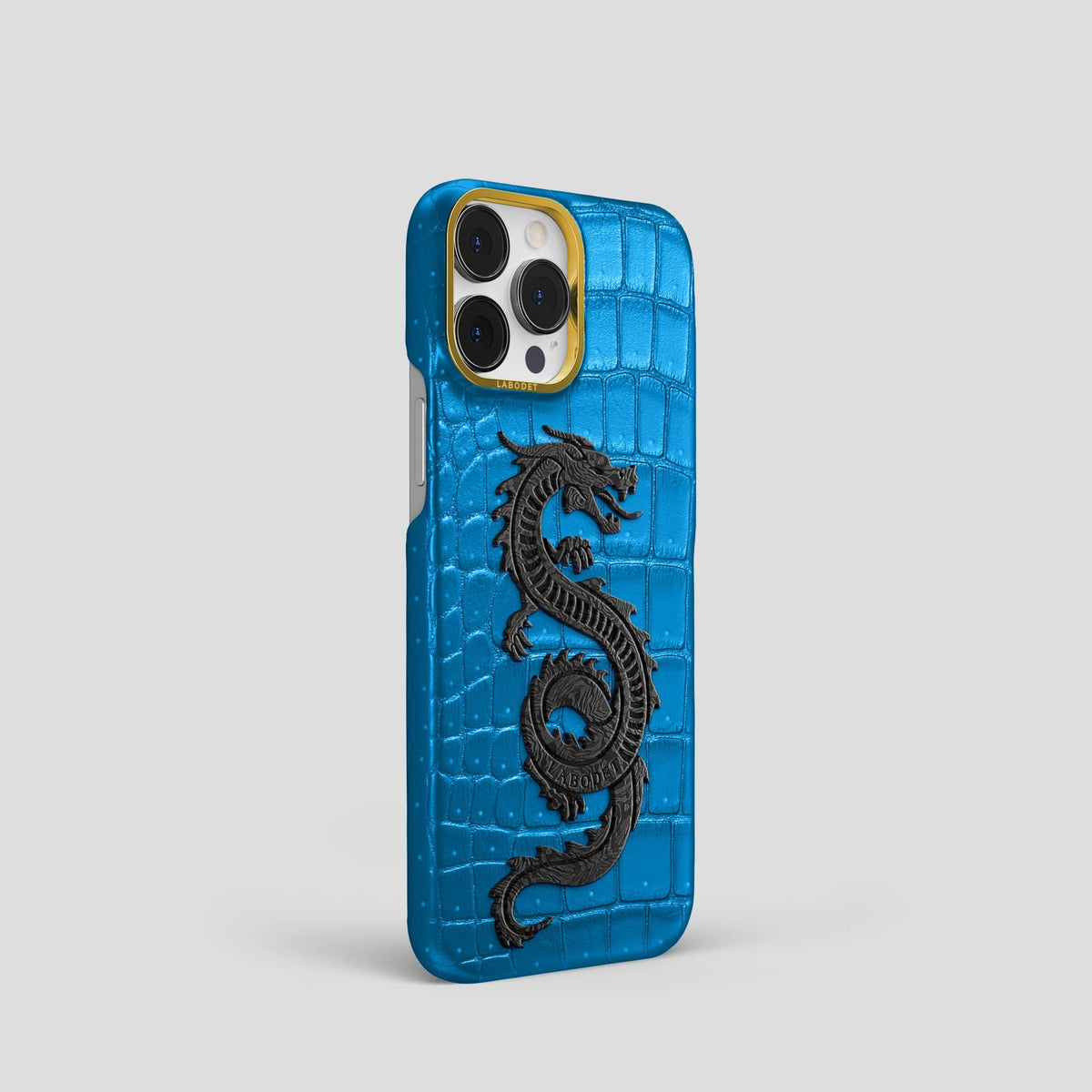 Blue-Lagoon iPhone 15 Pro Classic Case Porosus Crocodile with Gold Metal -2 | Blue-Lagoon-Gold