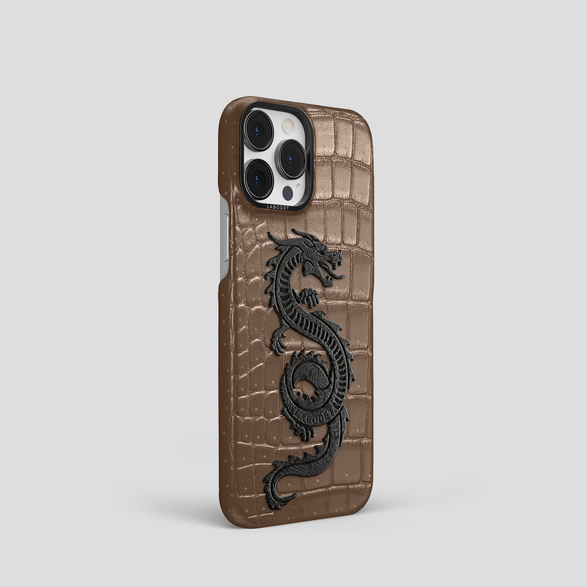 Fur-Brown iPhone 15 Pro Classic Case Porosus Crocodile with Black Metal -2 | Fur-Brown-Black