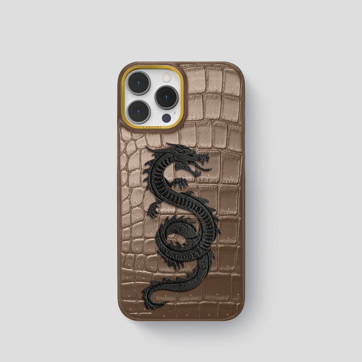 Fur-Brown iPhone 15 Pro Classic Case Porosus Crocodile with Gold Metal -1 | Fur-Brown-Gold