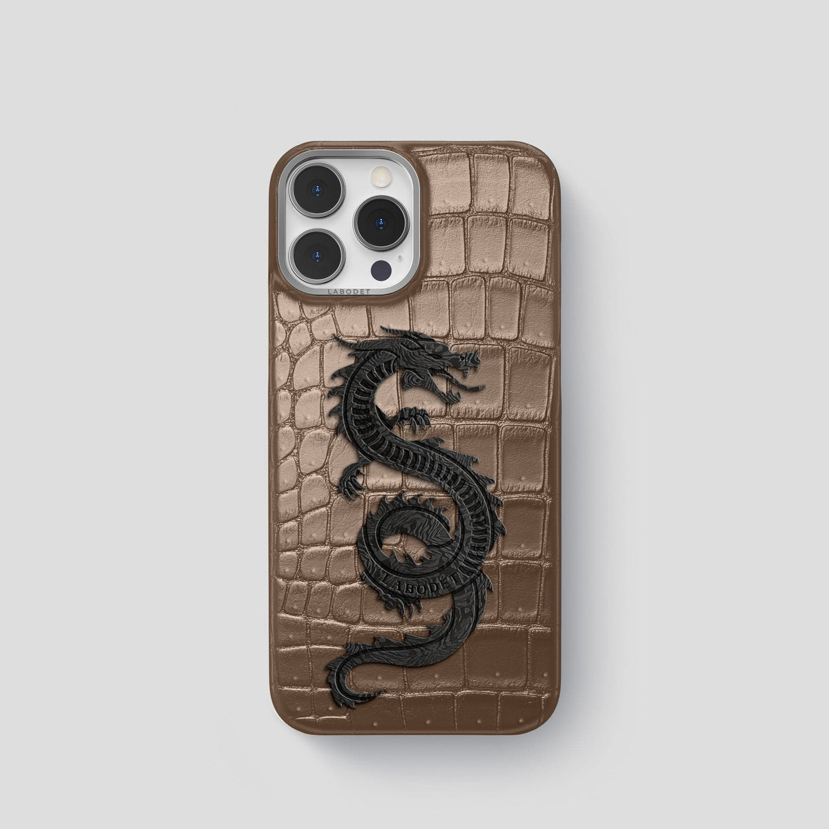 Fur-Brown iPhone 15 Pro Classic Case Porosus Crocodile with Steel Metal -1 | Fur-Brown-Steel