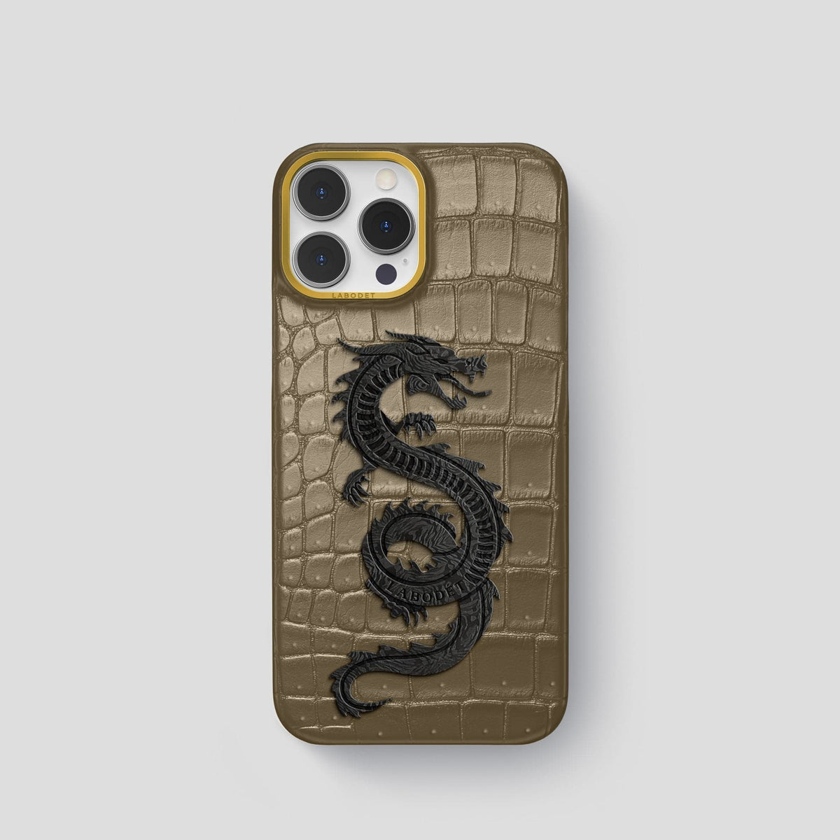Kaki-Green iPhone 15 Pro Classic Case Porosus Crocodile with Gold Metal -1 | Kaki-Green-Gold
