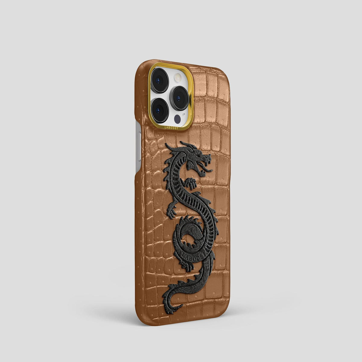 Milk-Chocolate iPhone 15 Pro Classic Case Porosus Crocodile with Gold Metal -2 | Milk-Chocolate-Gold