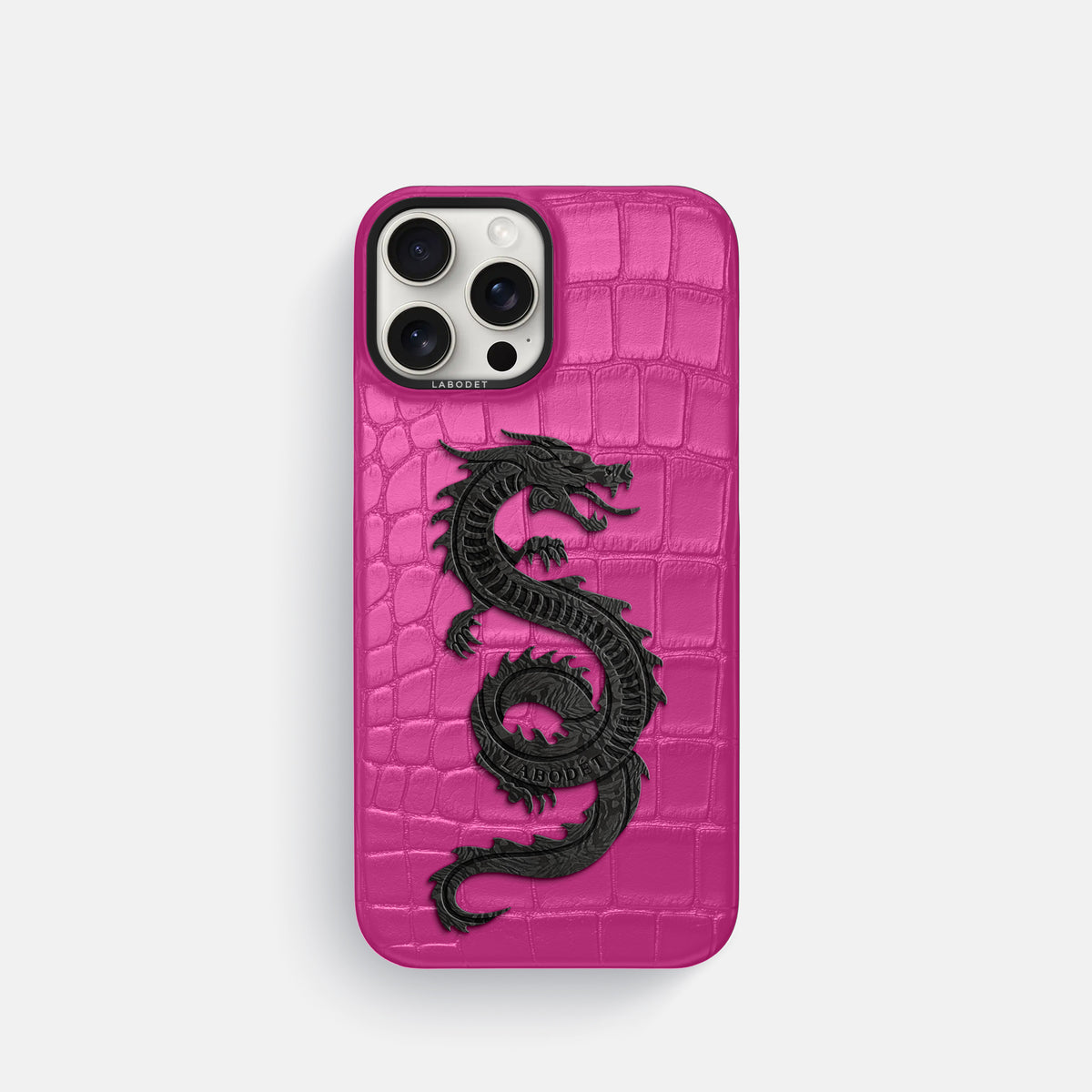 Fuchsia iPhone 16 Pro Classic Case Alligator with Black Metal -1 | Fuchsia-Black