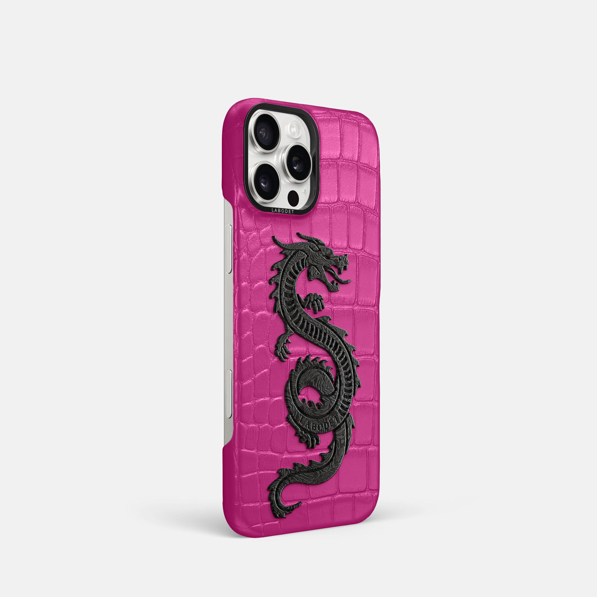 Fuchsia iPhone 16 Pro Classic Case Alligator with Black Metal -2 | Fuchsia-Black
