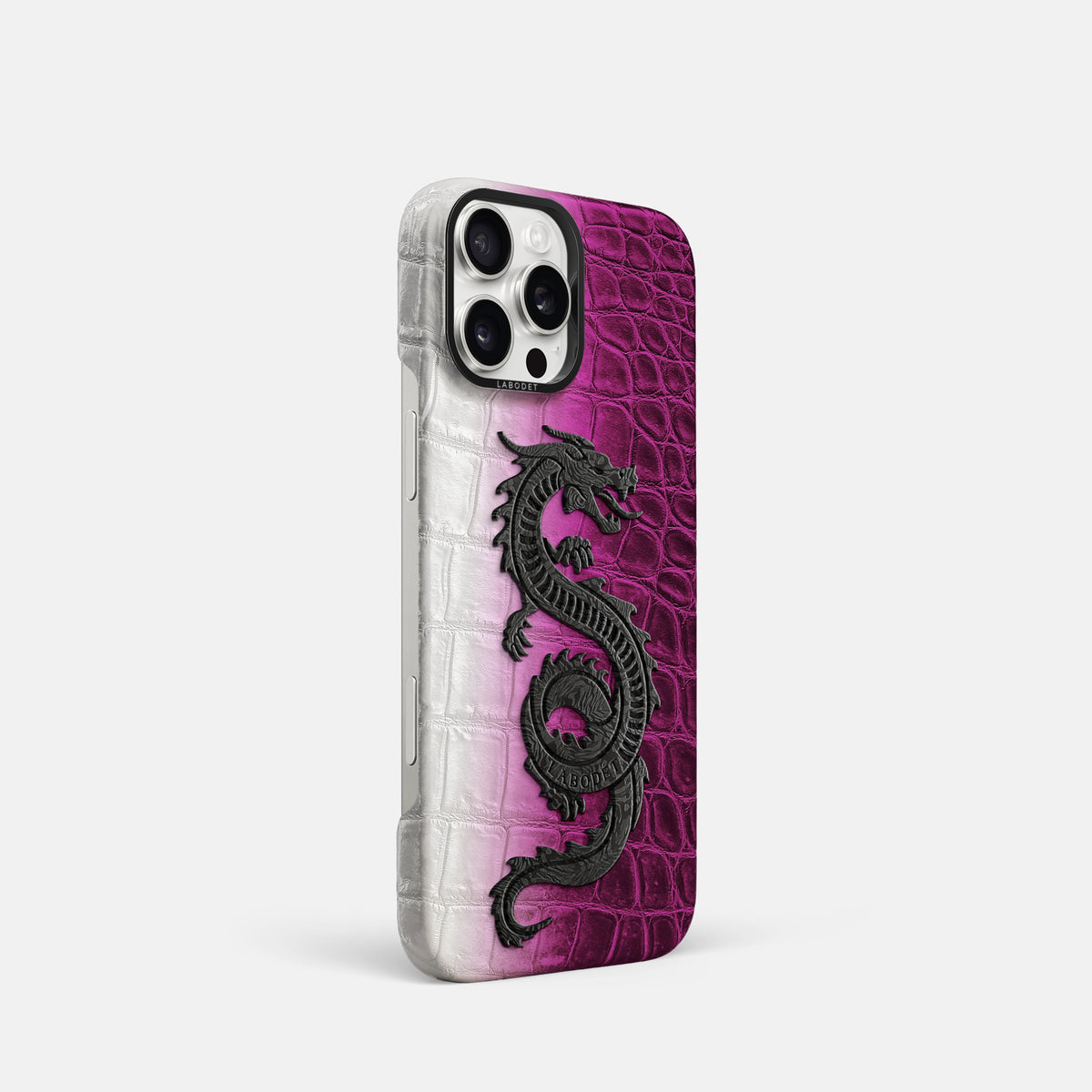 Fuchsia iPhone 16 Pro Classic Case Himalayan Crocodile with Black Metal -2 | Fuchsia-Black