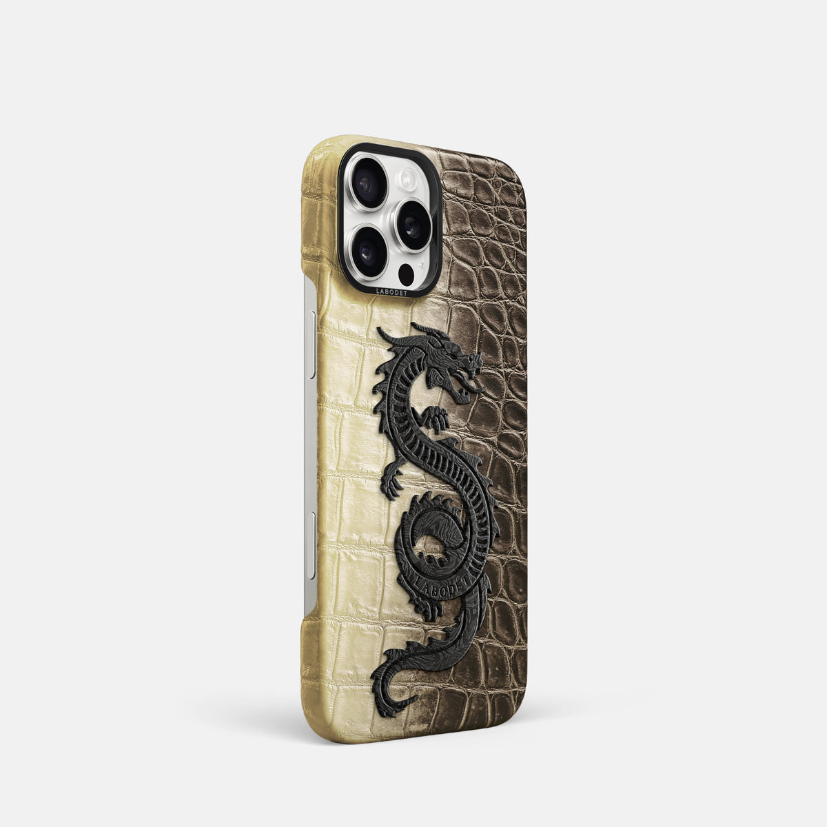 Natural iPhone 16 Pro Classic Case Himalayan Crocodile with Black Metal -2 | Natural-Black