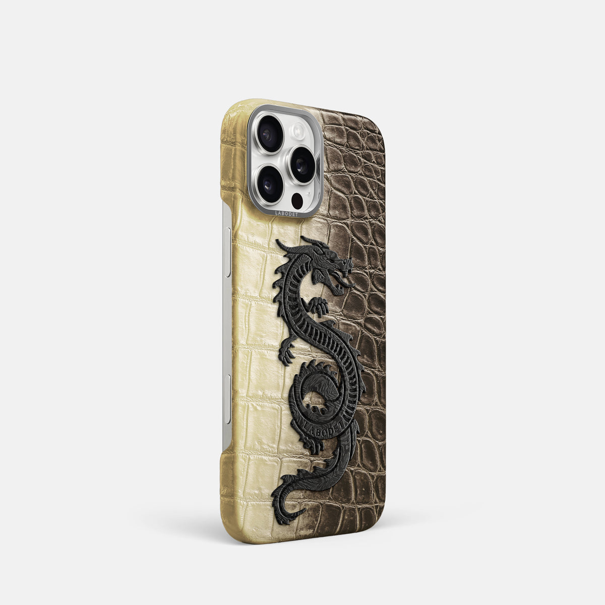 Natural iPhone 16 Pro Classic Case Himalayan Crocodile with Steel Metal -2 | Natural-Steel