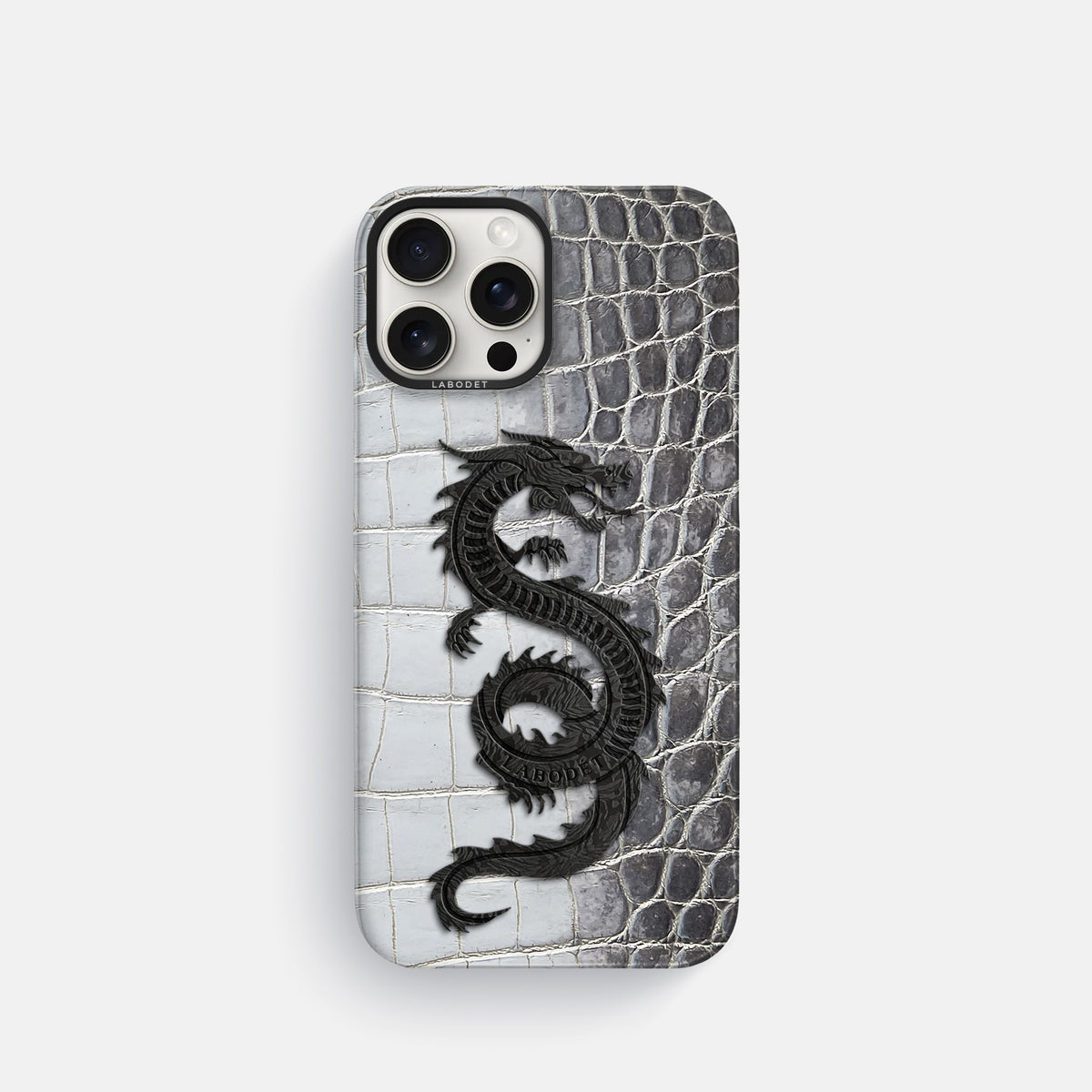 Silver iPhone 16 Pro Classic Case Himalayan Crocodile with Black Metal -1 | Silver-Black