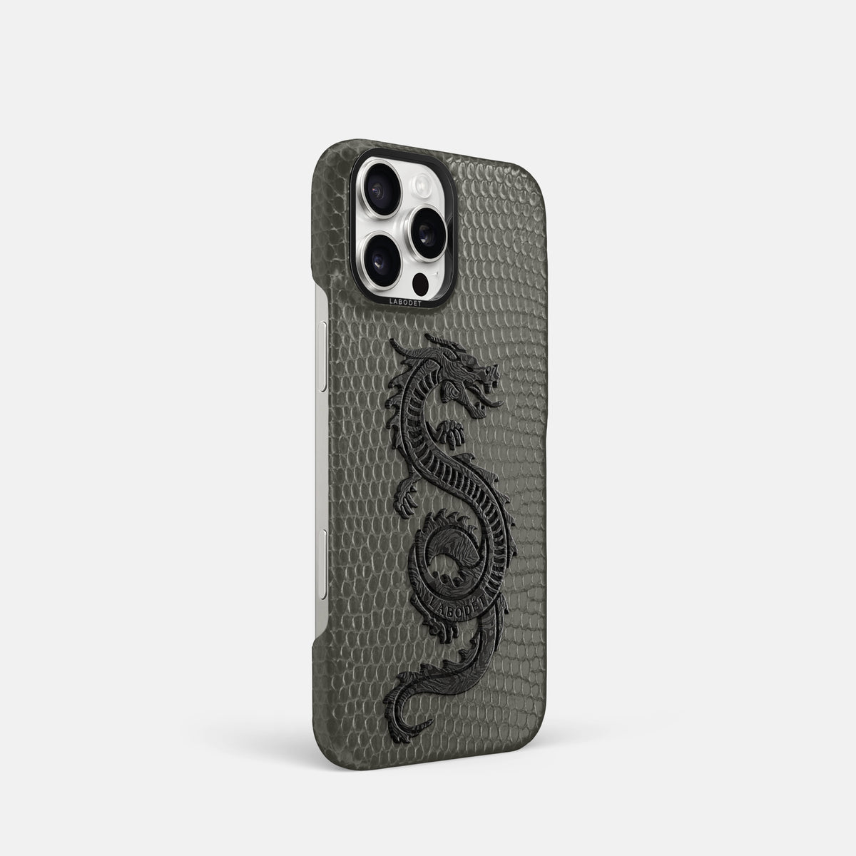 Grey iPhone 16 Pro Classic Case Lizard with Black Metal -2 | Grey-Black