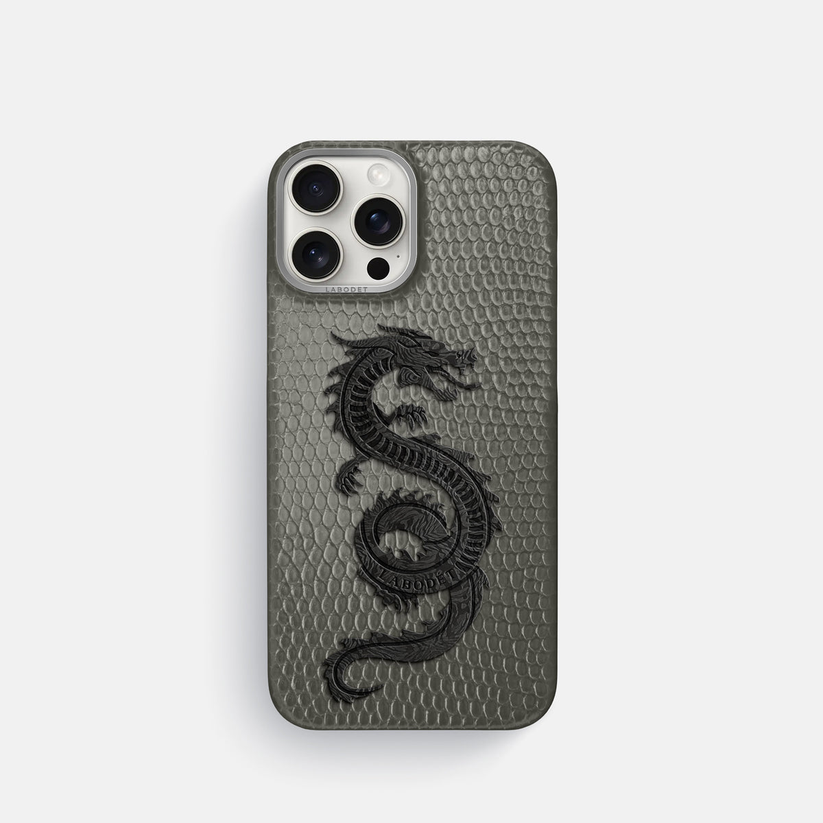 Grey iPhone 16 Pro Classic Case Lizard with Steel Metal -1 | Grey-Steel