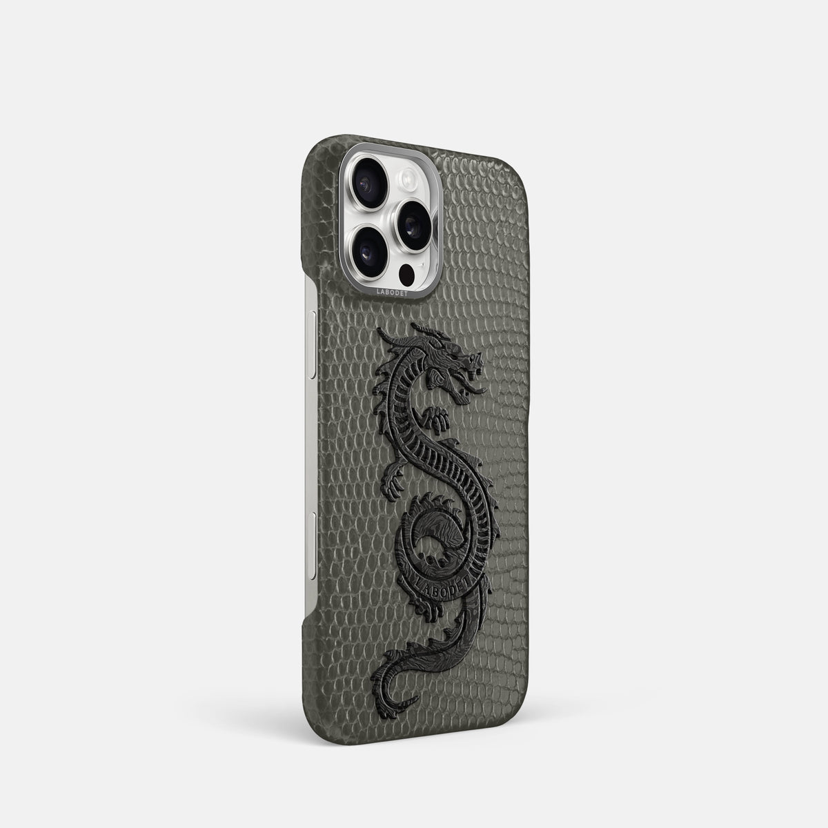 Grey iPhone 16 Pro Classic Case Lizard with Steel Metal -2 | Grey-Steel
