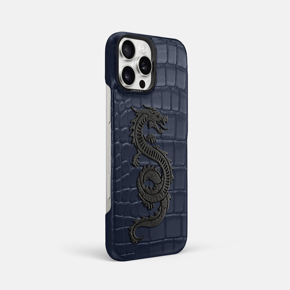 Navy Blue iPhone 16 Pro Max Classic Case Alligator with Black Metal -2 | Navy-Blue-Black