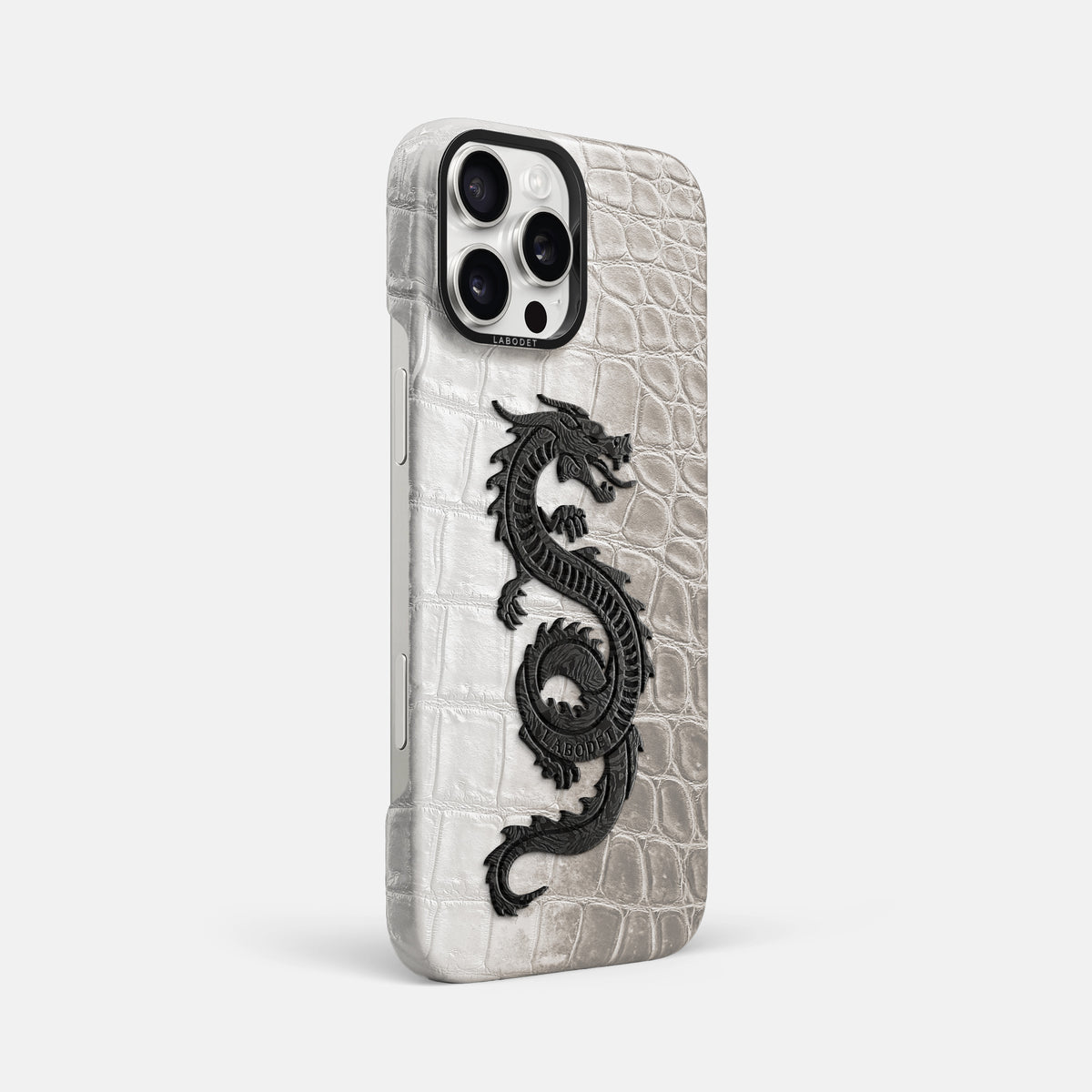 Grey iPhone 16 Pro Max Classic Case Himalayan Crocodile with Black Metal -2 | Grey-Black