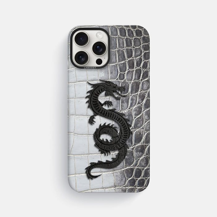 Silver iPhone 16 Pro Max Classic Case Himalayan Crocodile with Black Metal -1 | Silver-Black