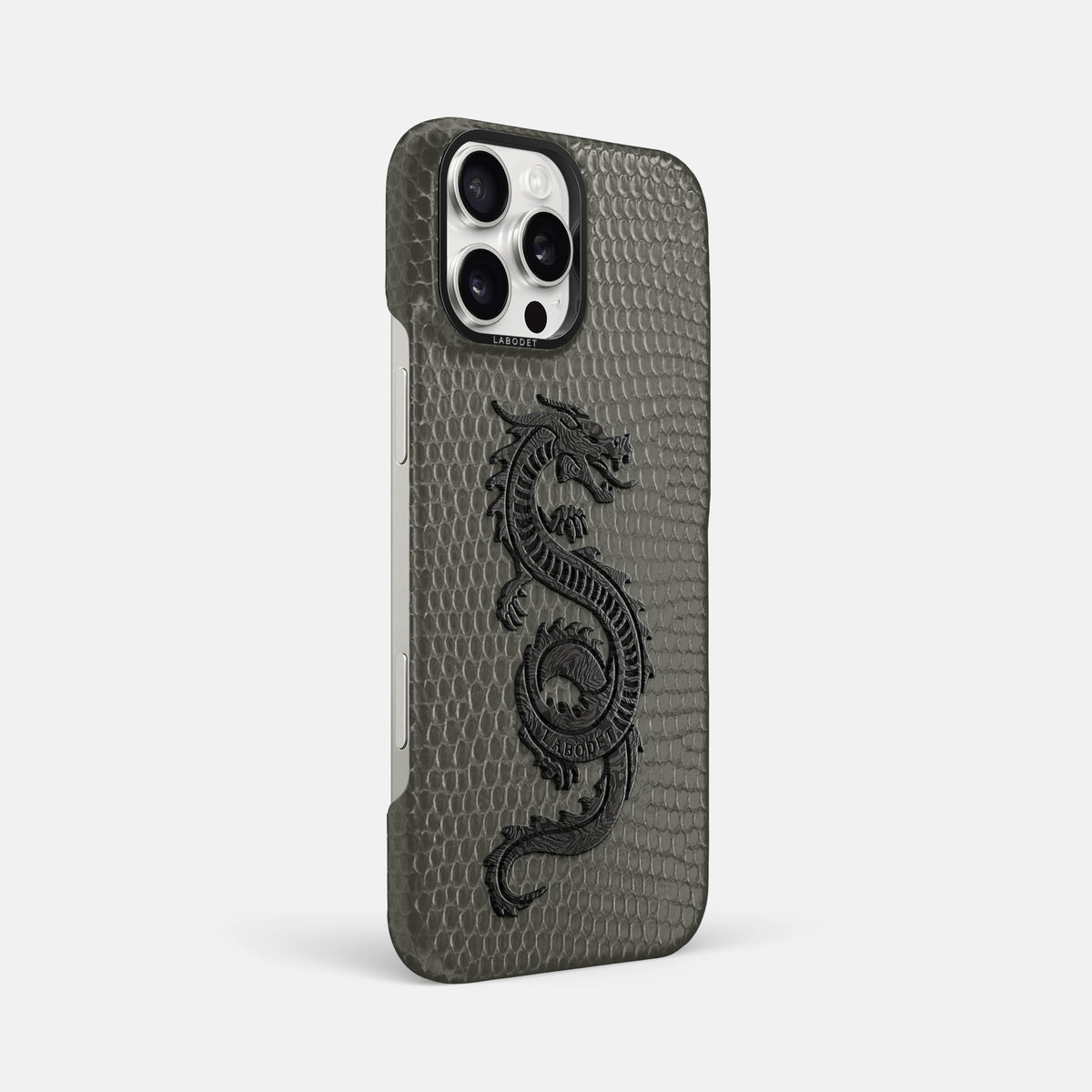 Grey iPhone 16 Pro Max Classic Case Lizard with Black Metal -2 | Grey-Black
