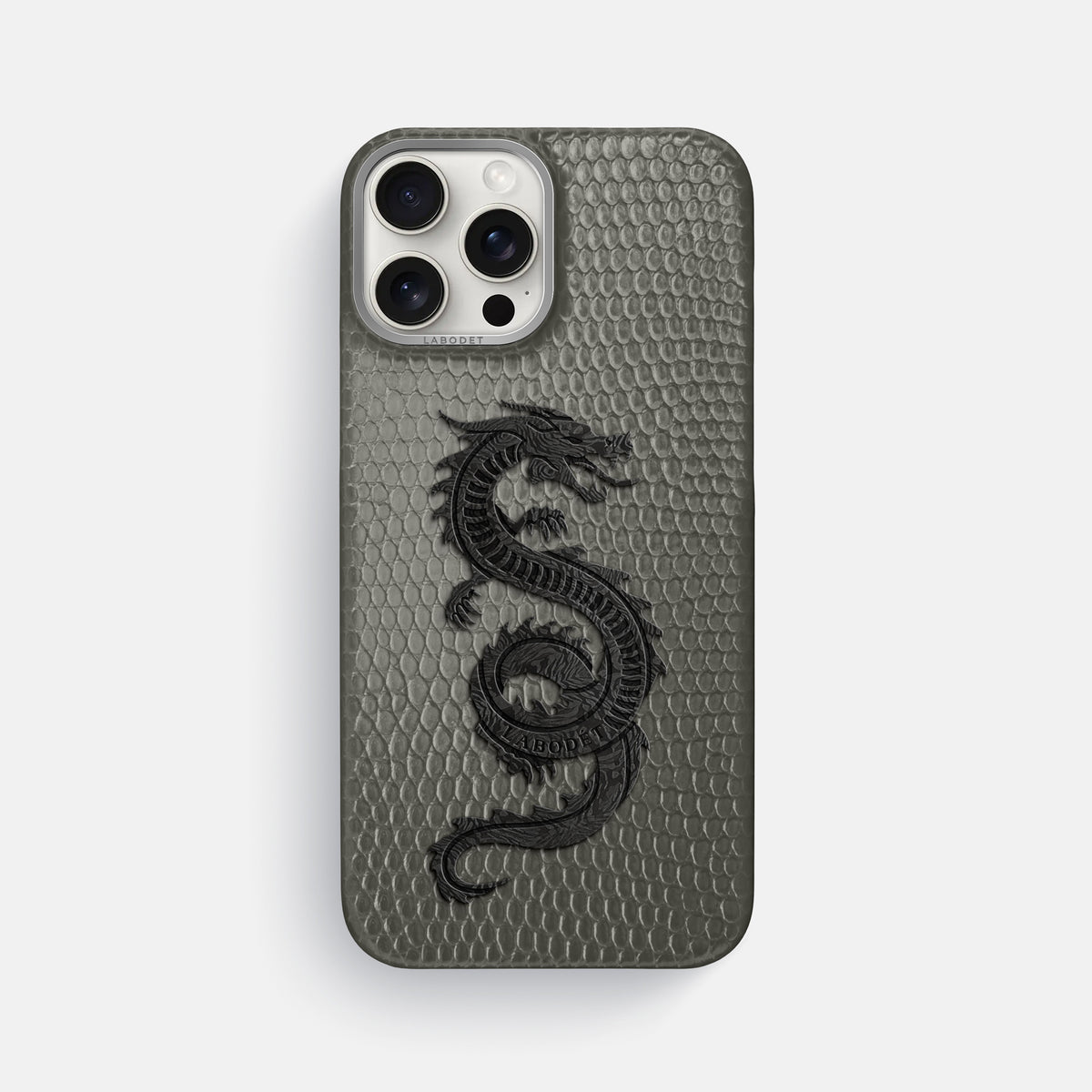 Grey iPhone 16 Pro Max Classic Case Lizard with Steel Metal -1 | Grey-Steel