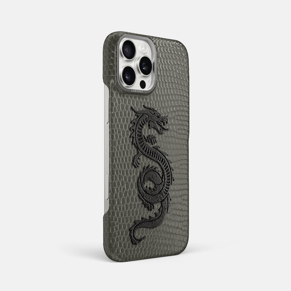 Grey iPhone 16 Pro Max Classic Case Lizard with Steel Metal -2 | Grey-Steel