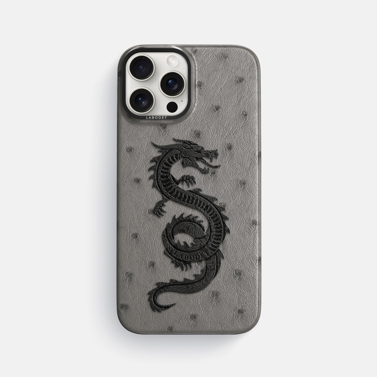Grey iPhone 16 Pro Max Classic Case Ostrich with Black Metal -1 | Grey-Black