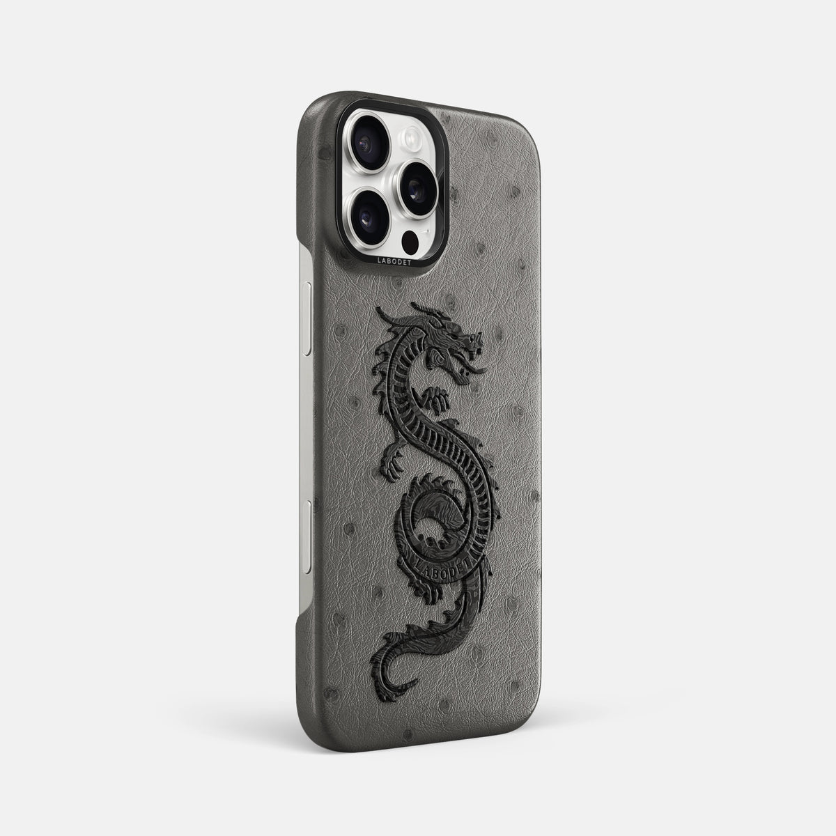 Grey iPhone 16 Pro Max Classic Case Ostrich with Black Metal -2 | Grey-Black