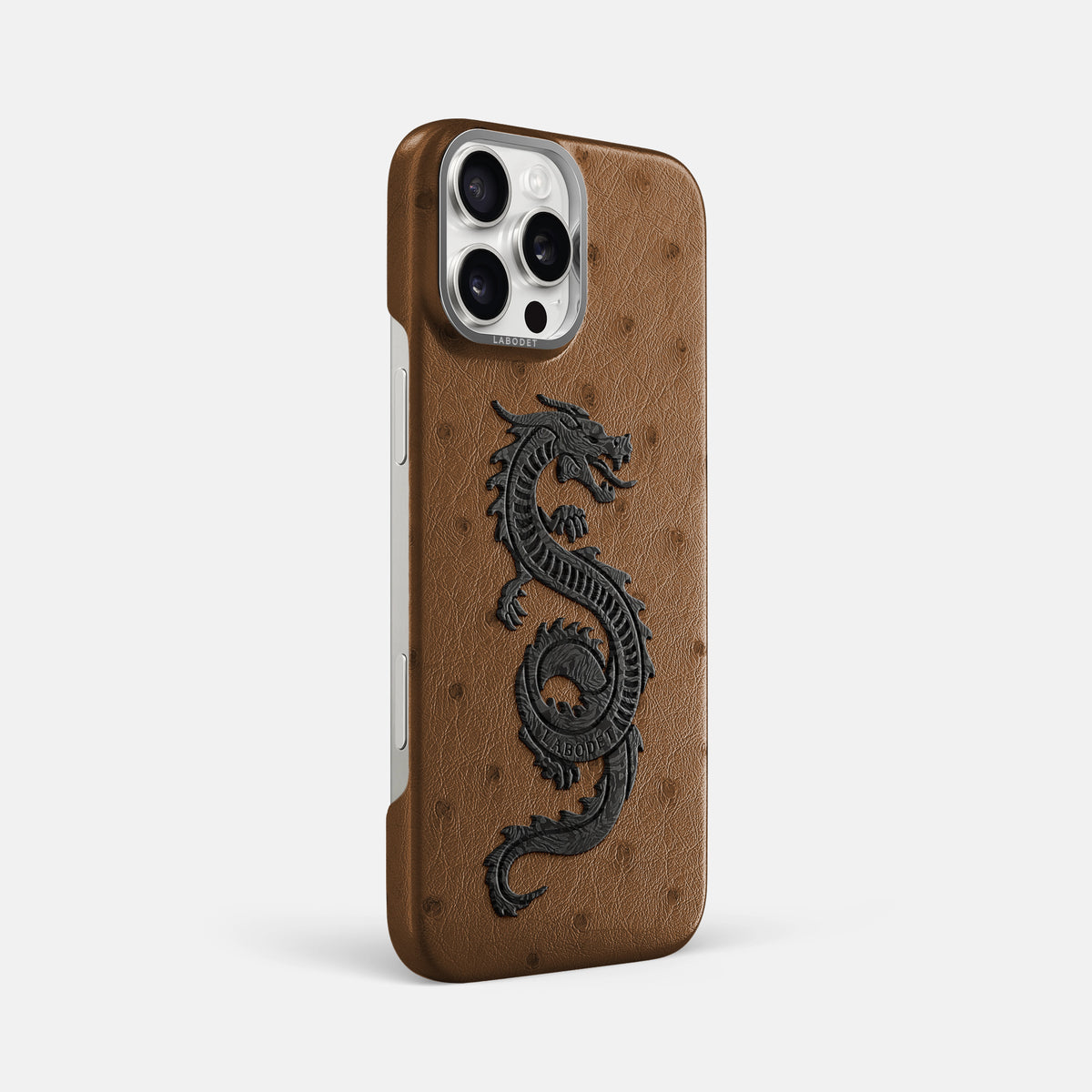 Medium-Brown iPhone 16 Pro Max Classic Case Ostrich with Steel Metal -2 | Medium-Brown-Steel