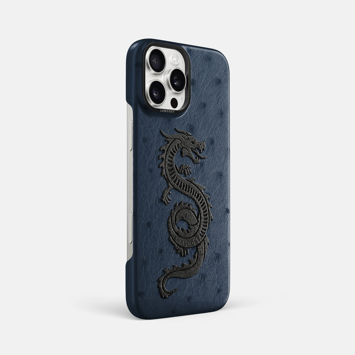 Navy-Blue iPhone 16 Pro Max Classic Case Ostrich with Black Metal -2 | Navy-Blue-Black
