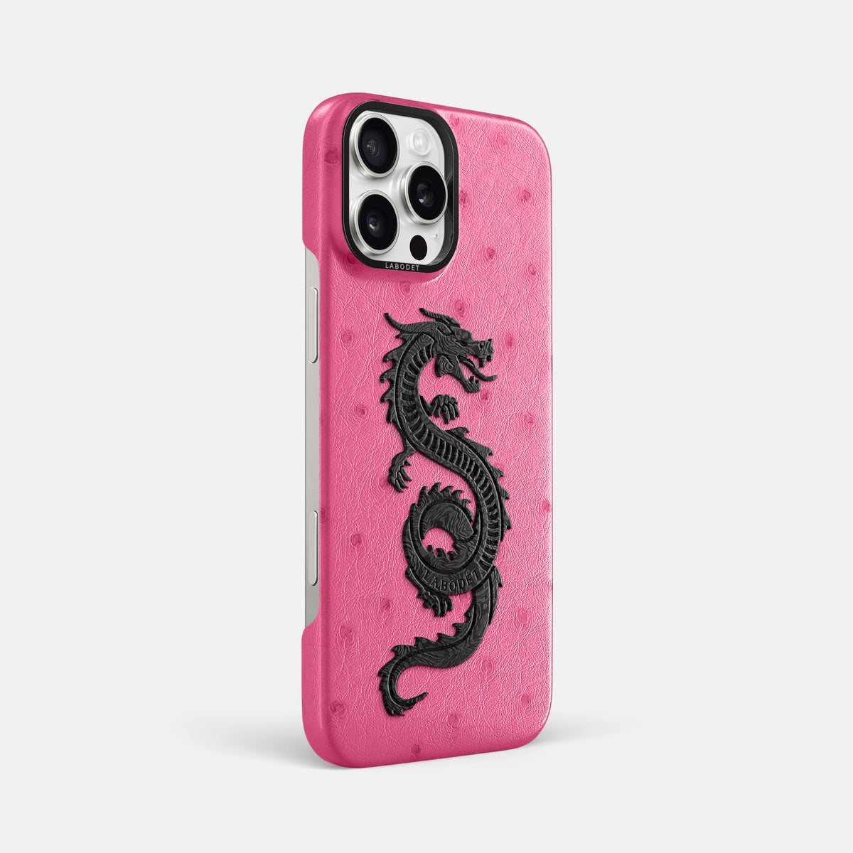 Pink iPhone 16 Pro Max Classic Case Ostrich with Black Metal -2 | Pink-Black