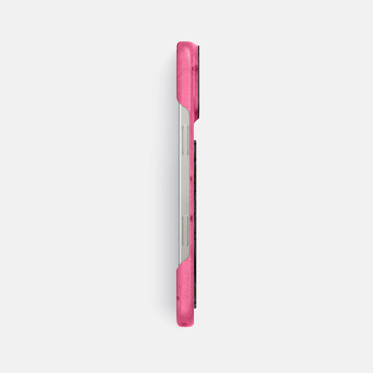 Pink iPhone 16 Pro Max Classic Case Ostrich with Black Metal -3 | Pink-Black