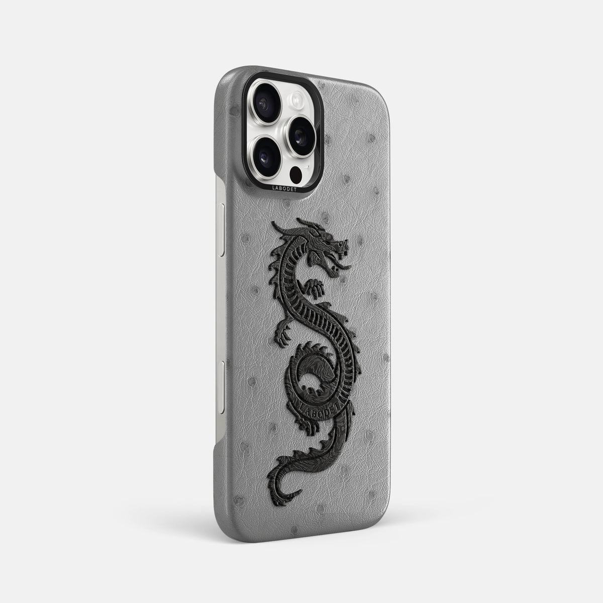 Silver iPhone 16 Pro Max Classic Case Ostrich with Black Metal -2 | Silver-Black