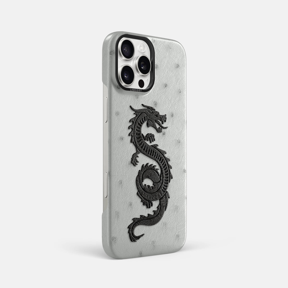 White iPhone 16 Pro Max Classic Case Ostrich with Black Metal -2 | White-Black