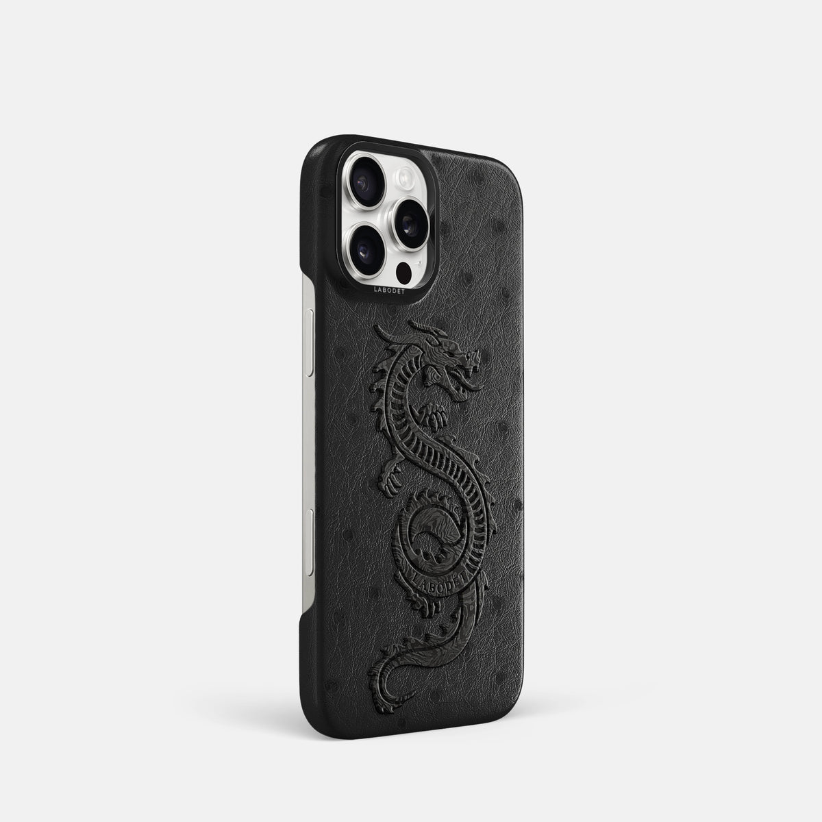 Black iPhone 16 Pro Classic Case Ostrich with Black Metal -2 | Black-Black