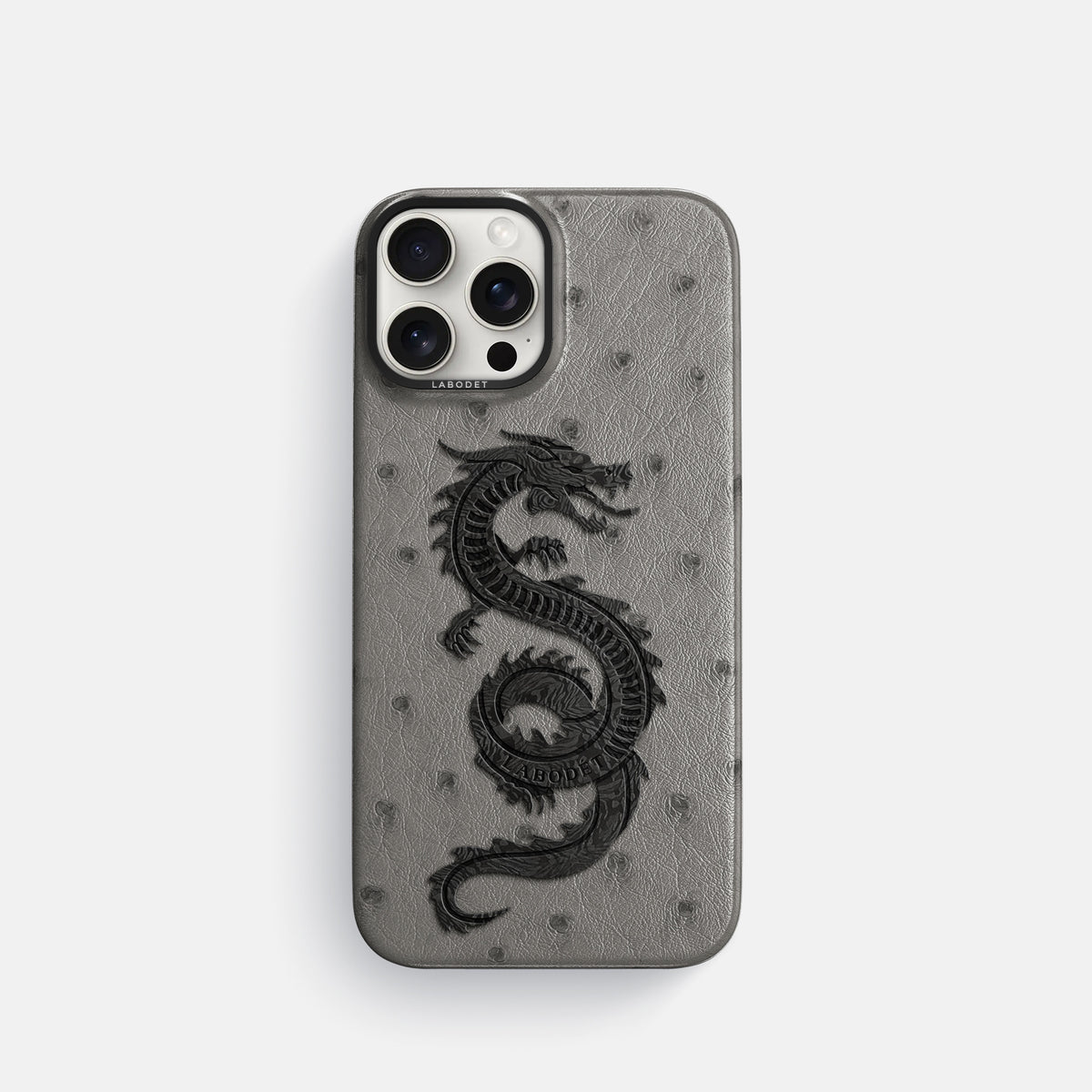 Grey iPhone 16 Pro Classic Case Ostrich with Black Metal -1 | Grey-Black