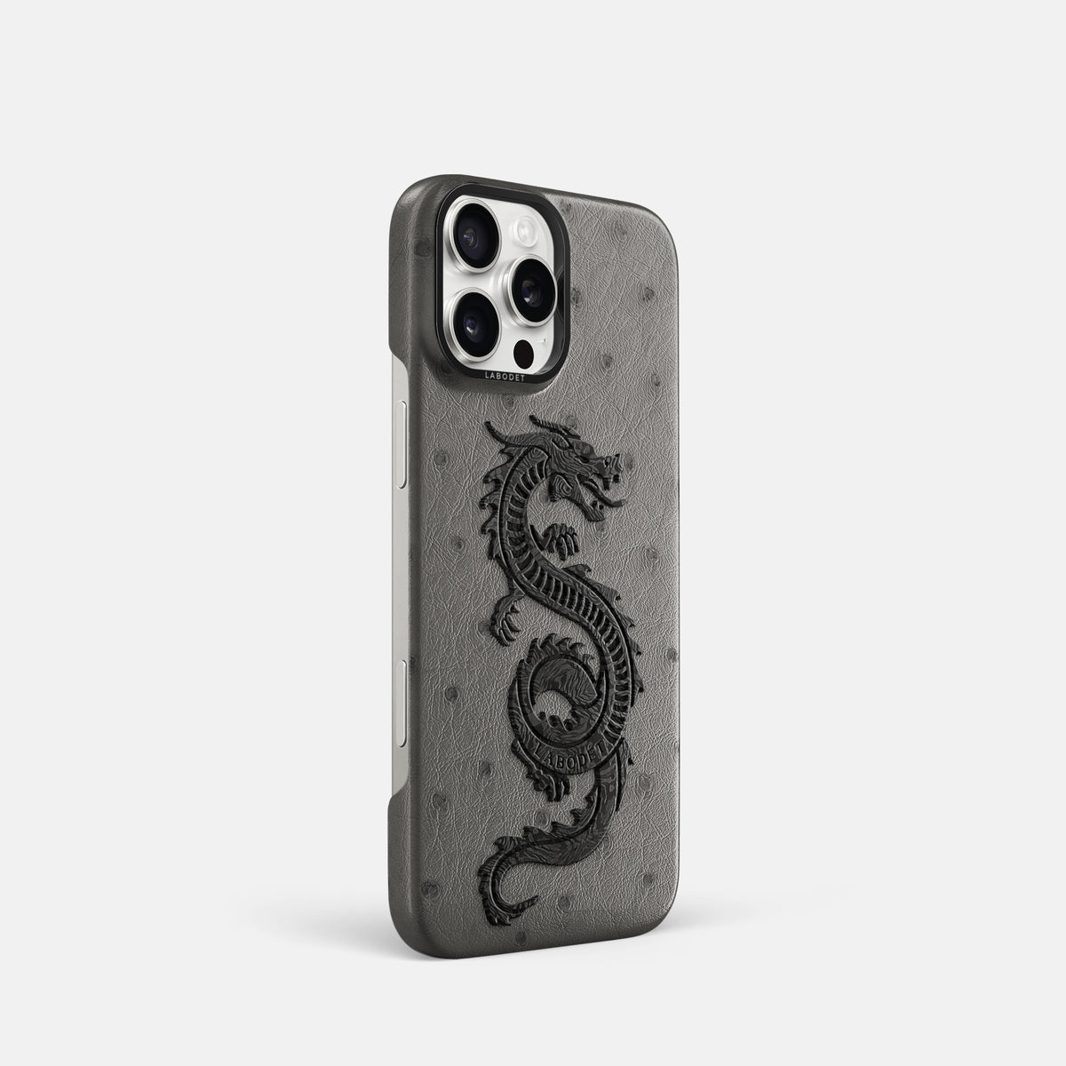 Grey iPhone 16 Pro Classic Case Ostrich with Black Metal -2 | Grey-Black