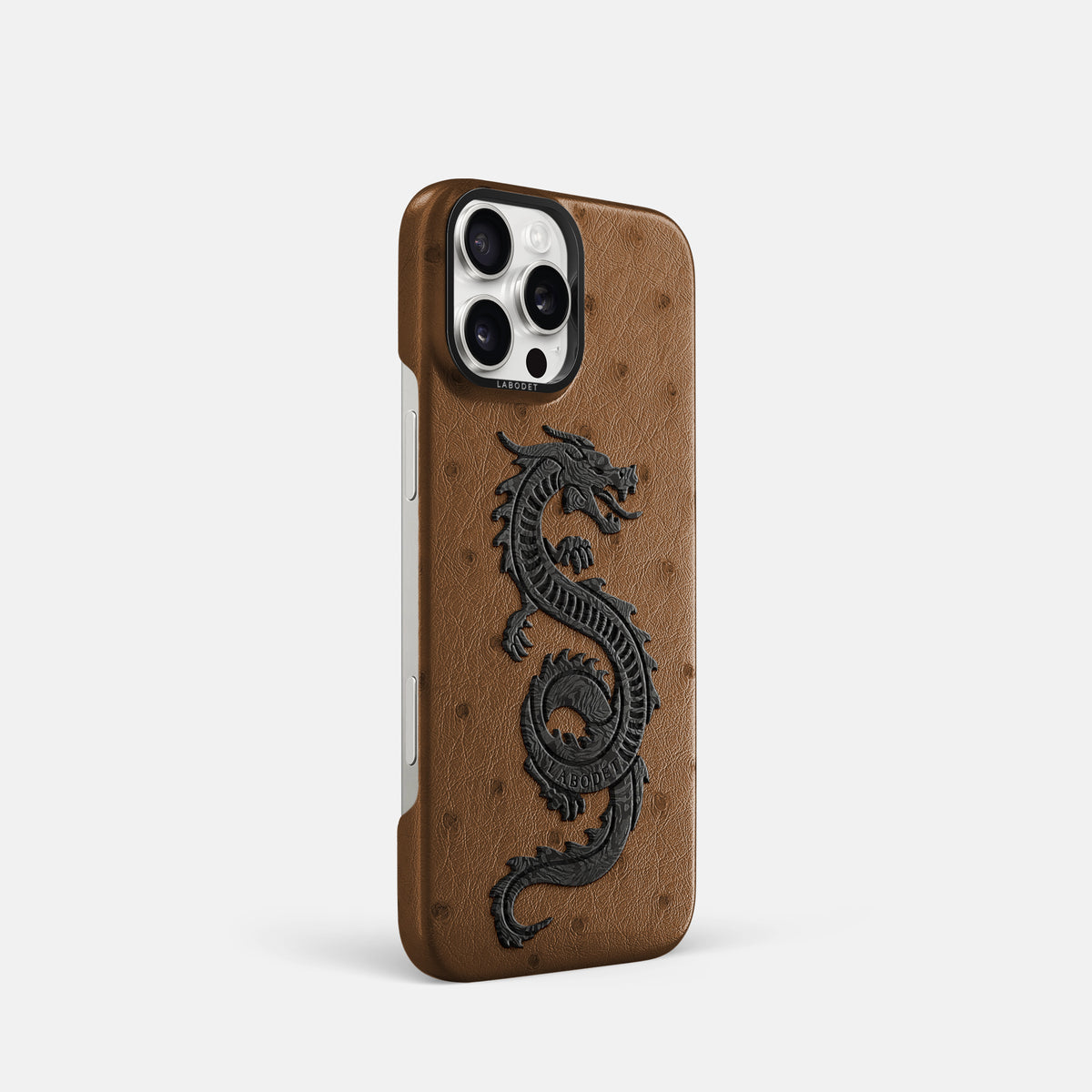 Medium-Brown iPhone 16 Pro Classic Case Ostrich with Black Metal -2 | Medium-Brown-Black