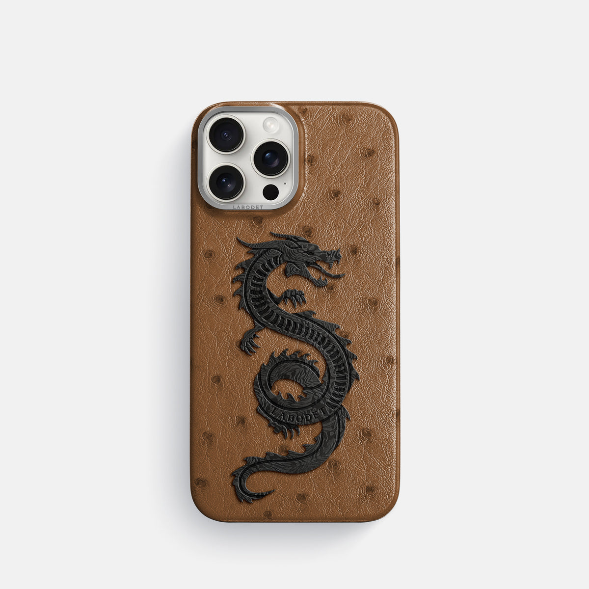 Medium-Brown iPhone 16 Pro Classic Case Ostrich with Steel Metal -1 | Medium-Brown-Steel