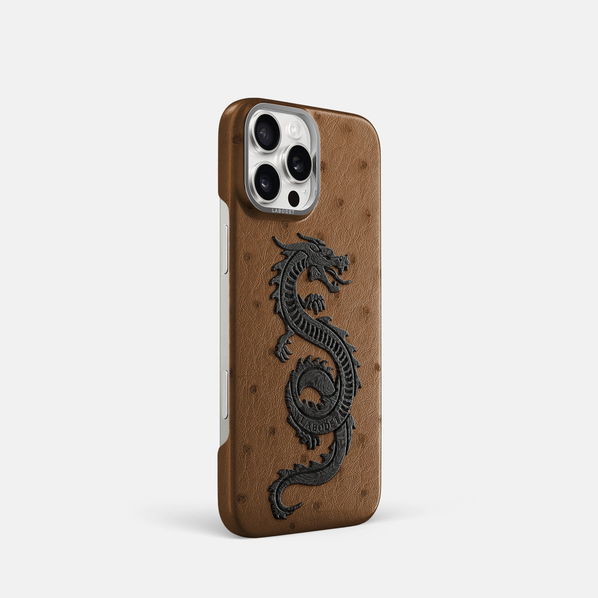 Medium-Brown iPhone 16 Pro Classic Case Ostrich with Steel Metal -2 | Medium-Brown-Steel