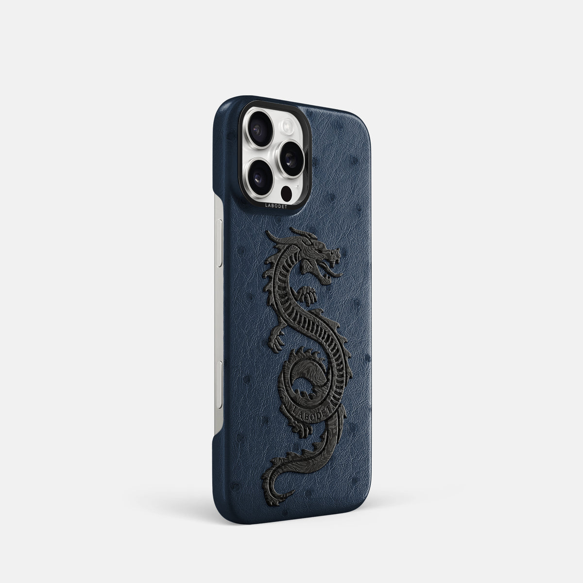 Navy-Blue iPhone 16 Pro Classic Case Ostrich with Black Metal -2 | Navy-Blue-Black