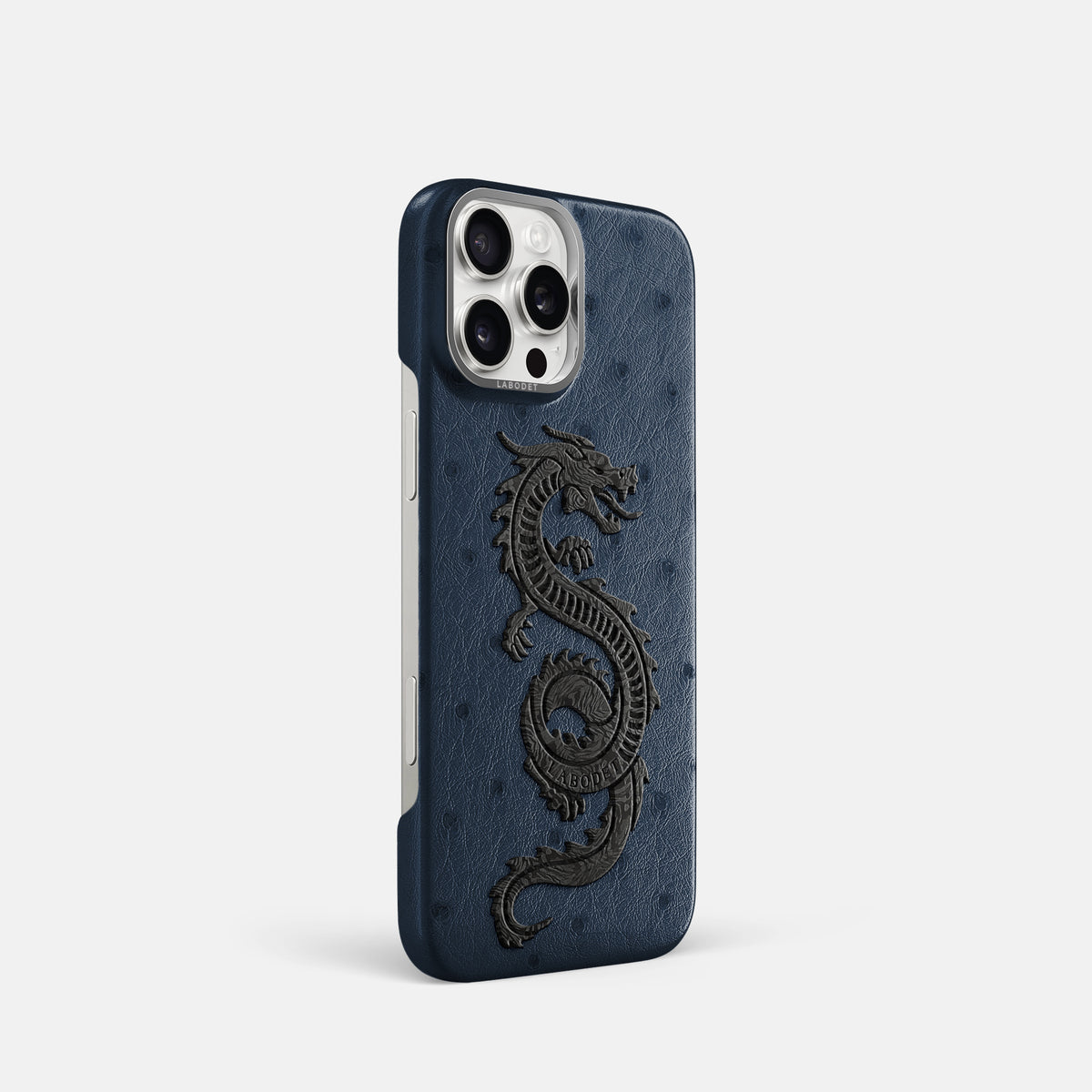 Navy-Blue iPhone 16 Pro Classic Case Ostrich with Steel Metal -2 | Navy-Blue-Steel