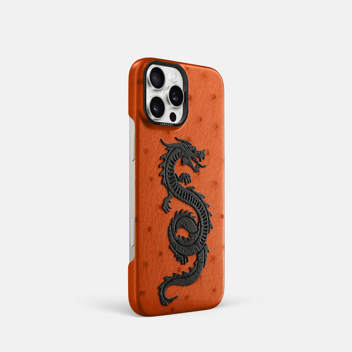 Orange iPhone 16 Pro Classic Case Ostrich with Black Metal -2 | Orange-Black
