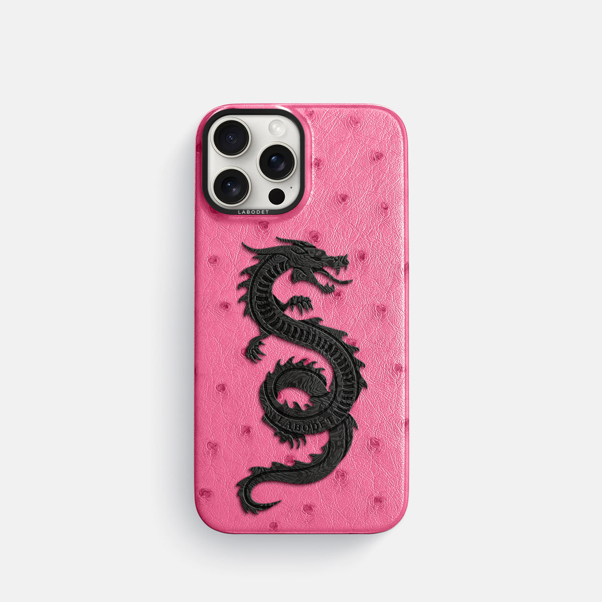 Pink iPhone 16 Pro Classic Case Ostrich with Black Metal -1 | Pink-Black