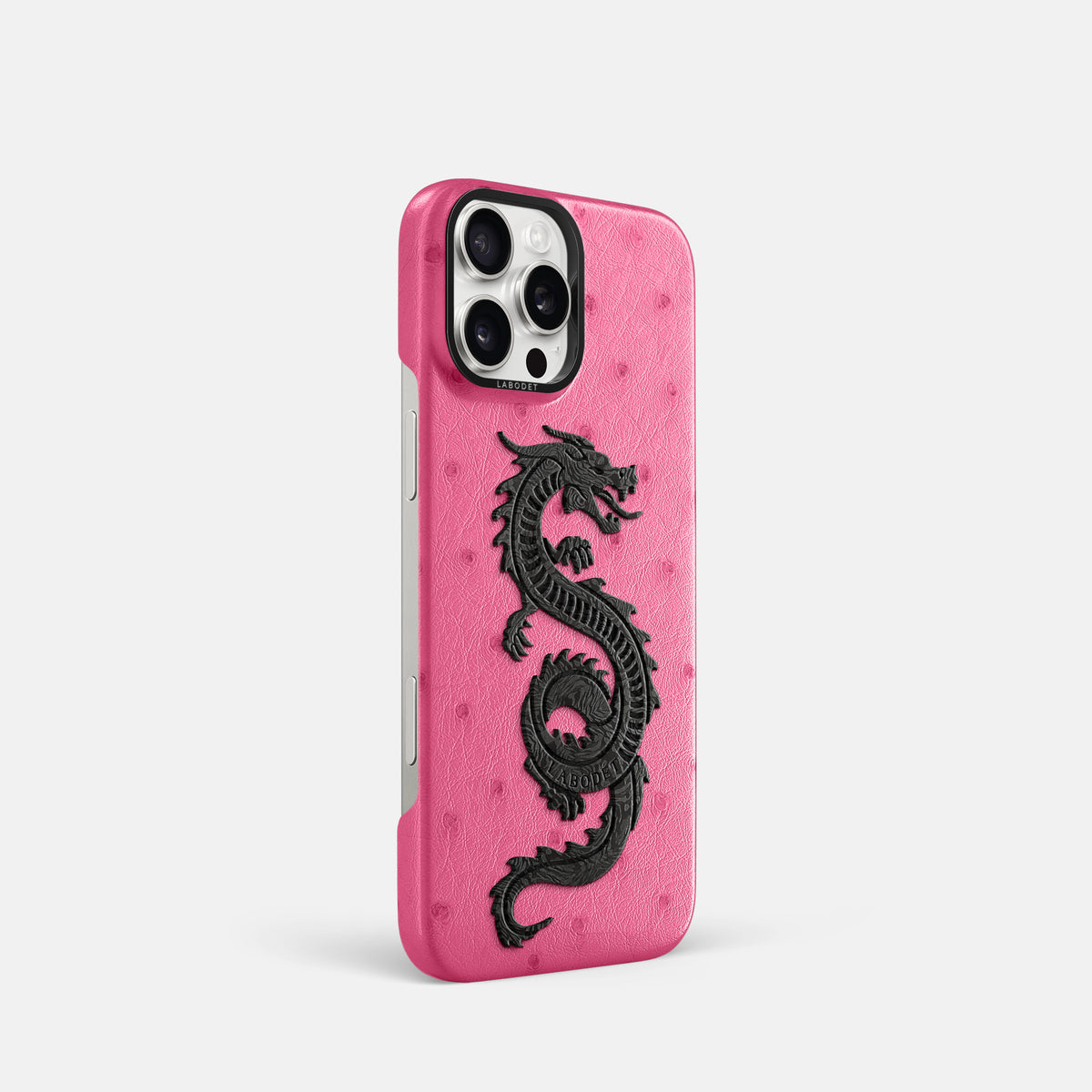 Pink iPhone 16 Pro Classic Case Ostrich with Black Metal -2 | Pink-Black