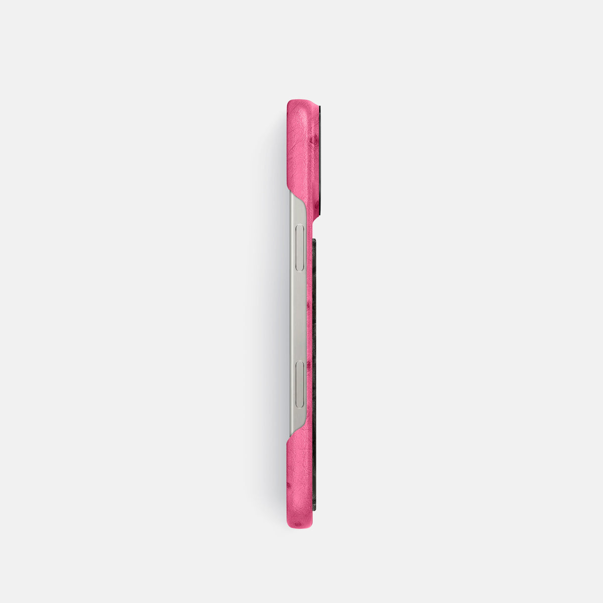 Pink iPhone 16 Pro Classic Case Ostrich with Black Metal -3 | Pink-Black