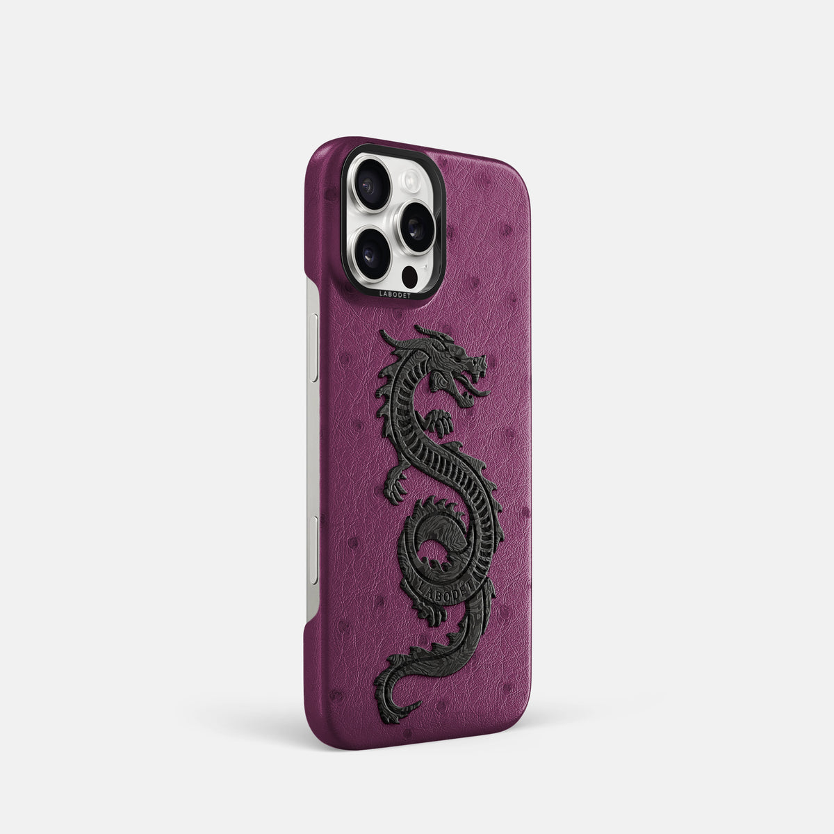 Purple iPhone 16 Pro Classic Case Ostrich with Black Metal -2 | Purple-Black