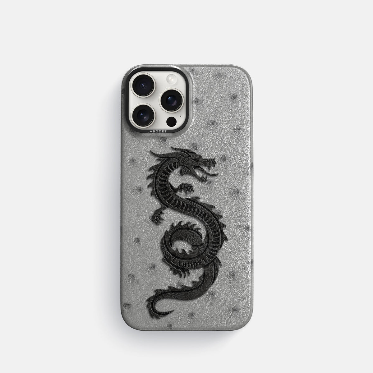 Silver iPhone 16 Pro Classic Case Ostrich with Black Metal -1 | Silver-Black