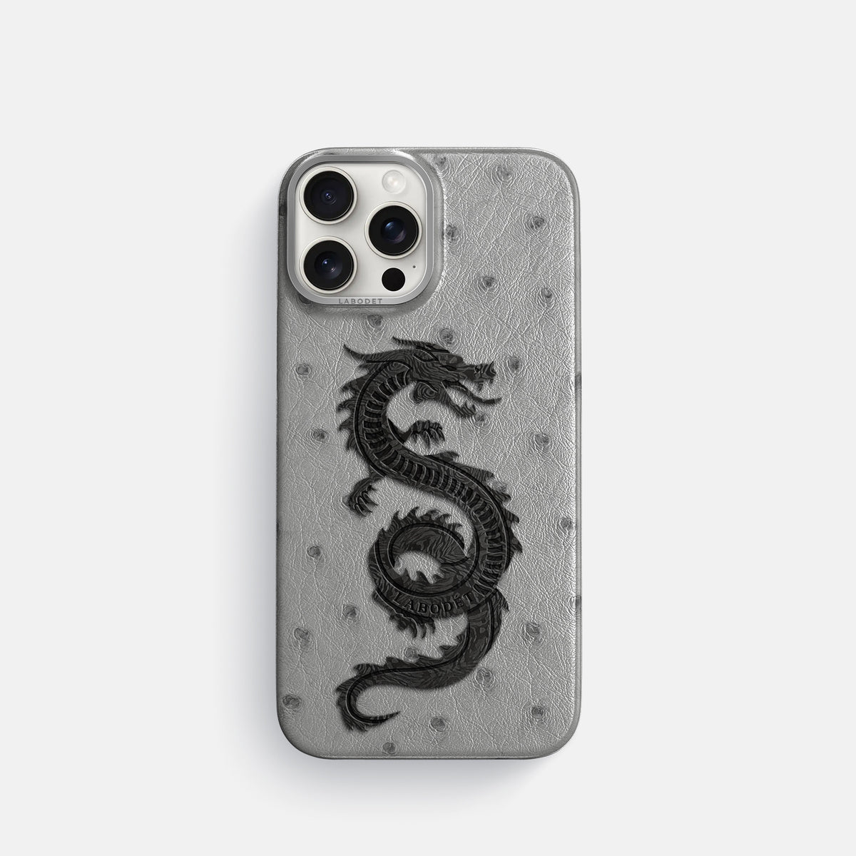Silver iPhone 16 Pro Classic Case Ostrich with Steel Metal -1 | Silver-Steel