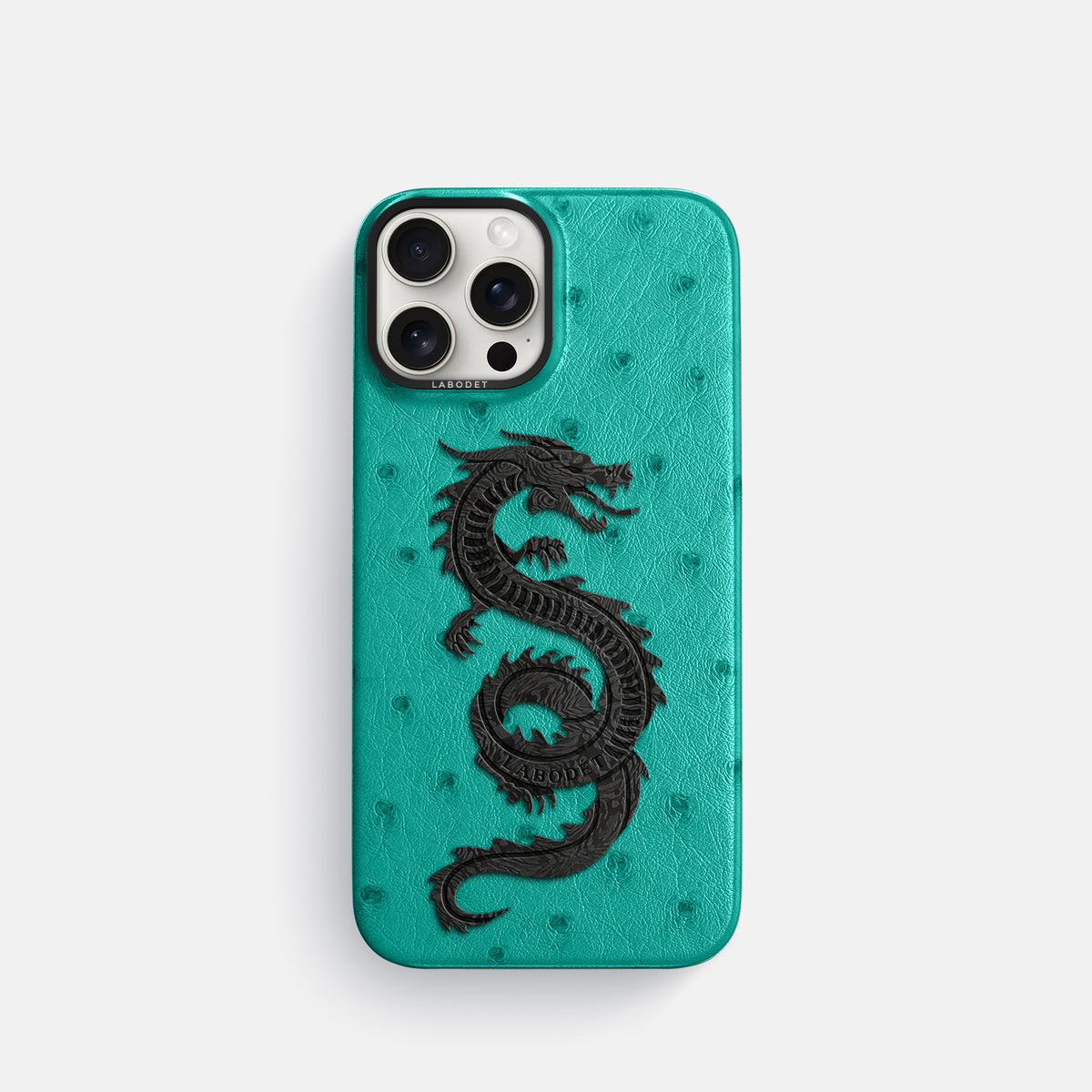 Turquoise iPhone 16 Pro Classic Case Ostrich with Black Metal -1 | Turquoise-Black