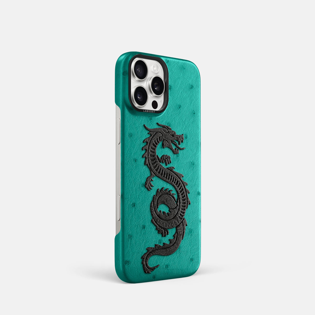Turquoise iPhone 16 Pro Classic Case Ostrich with Black Metal -2 | Turquoise-Black